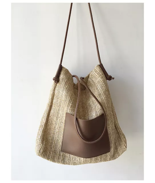 Straw Woven Tote Bag with Leather Accent Summer Beach Fashion Designer Handbag