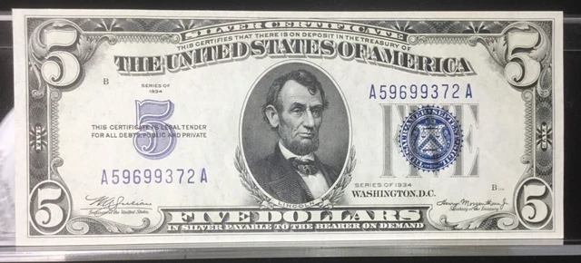1934 $5 Blue Seal Silver Certificate Crisp Uncirculated US Paper Money in Sleeve