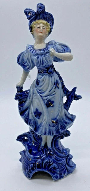 Vintage Sammlerstück elegante blau weiß & gold Frau mit Motorhaube China Figur