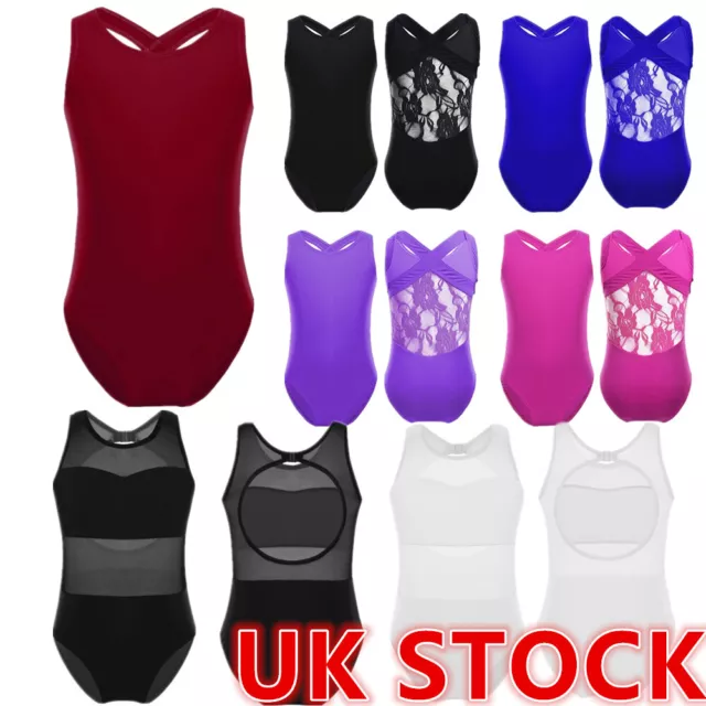 UK Kids Girls Ballet Dance Gymnastics Leotard Bodysuit Sleeveless Mesh  Unitard