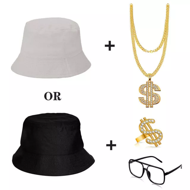 Mens 80s 90s Hip Hop Costume Set Bucket Hat Necklace Finger Ring Eyeglass Prop