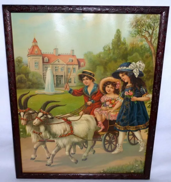 Antique Victorian Boy & Girls Children with Goats Framed Print Picture Germany