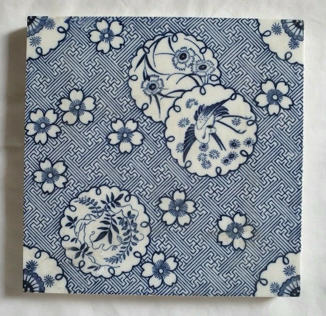 Antique Minton Oriental Bird Design 6 Inch English Tile Bird Blue & White