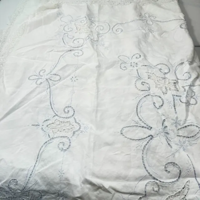 vintage tablecloth linen white flower embroidery cutwork rectangle boho 60x90