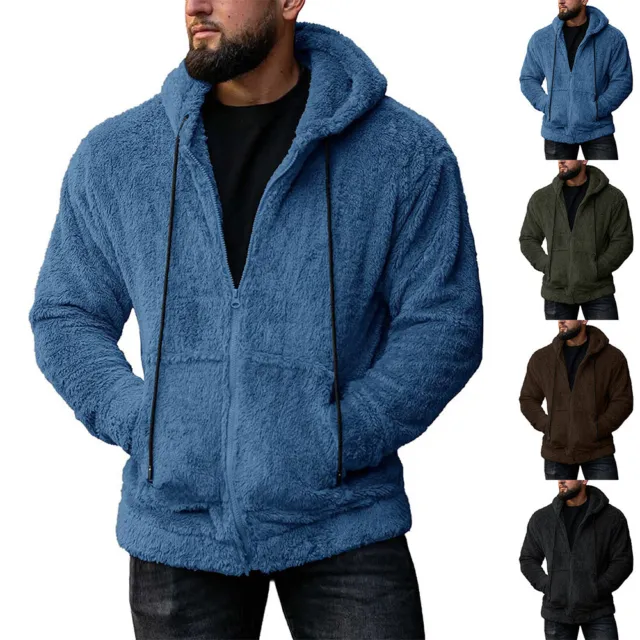 Men Hooded Winter Fleece Jacket Zip Up Hoodie Warm Fur Lined Casual Coat Outwear