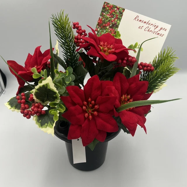 Quality Artificial Christmas  Arrangement Grave vase / Memorial / Crem Pot Red 3