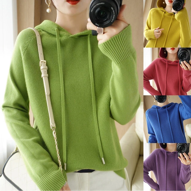 Donna con Cappuccio Maglia Maglione Pullover Casual Manica Lunga Tinta Unita