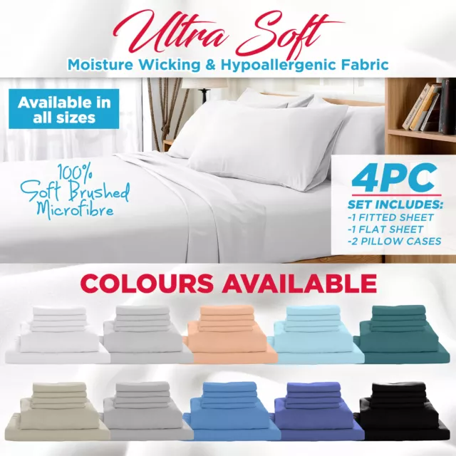 1000TC Ultra Soft 4 Pc Flat & Fitted Bed Sheet Set Pillowcases Single/Queen/King