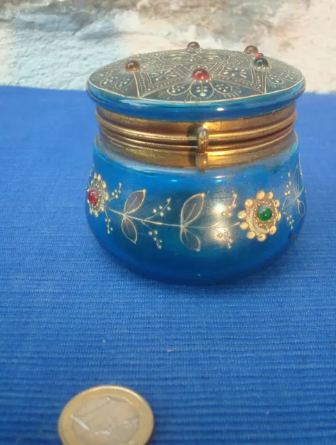 V63 Belle Boite Ronde Bonbonnière Verre Emaillé Bleu