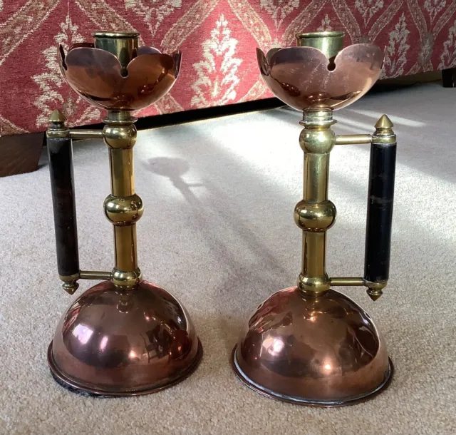 Pair Large Arts & Crafts Copper Brass Christopher Dresser Candlesticks