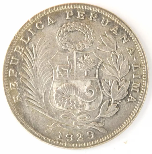1929 Republic Peru- Lima 1/2 Sol .500 Silver Coin KM# 216