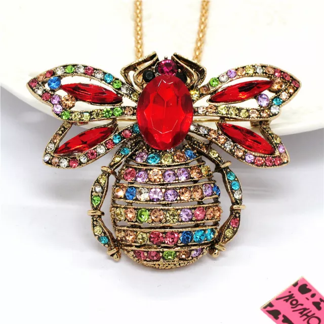 New Betsey Johnson Multicolor Rhinestone Honey Bee Crystal Pendant Necklace
