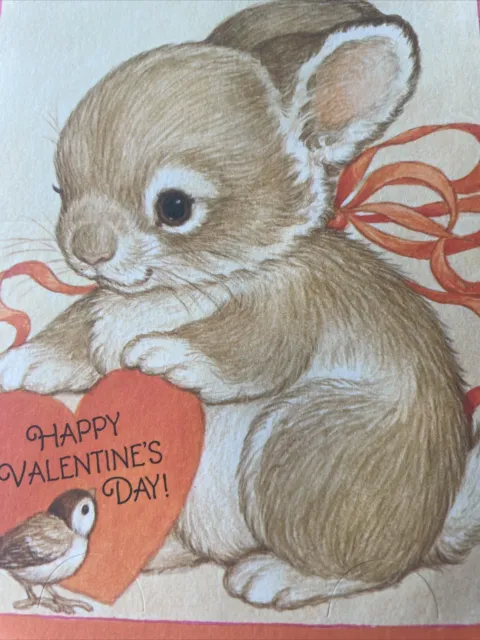 Vtg Valentine’s Day Card UNUSED Hallmark Baby Bunny Rabbit Bird