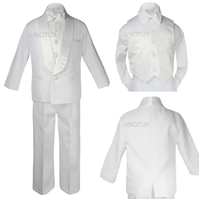 5pc Baby Toddler Kid Boy Wedding Formal Satin Shawl Lapel Tuxedo White Suit S-7