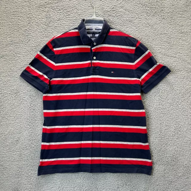TOMMY HILFIGER SHIRT Mens Large Blue Red Gray Striped Custom Fit Polo ...