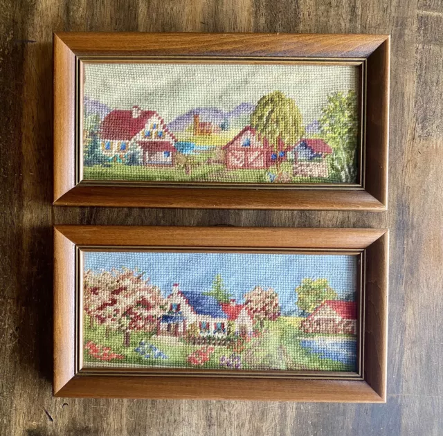 Set Of 2 VTG Wood Framed Needlepoint Wall Art Country Landscape Rectangle 12.5”