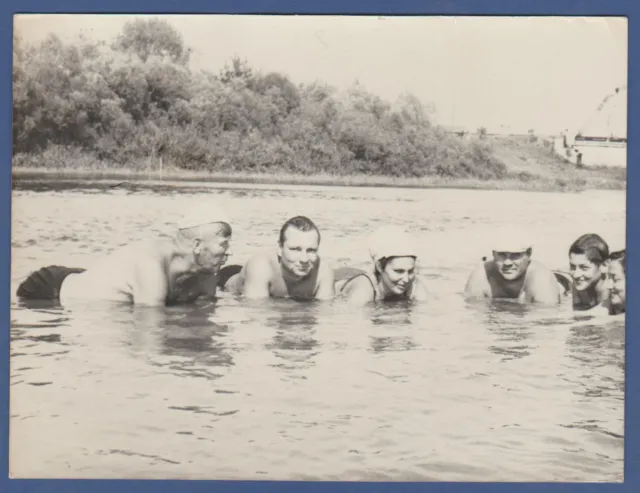 Guys with naked torso and girls in bathing suits swim Soviet Vintage Photo USSR