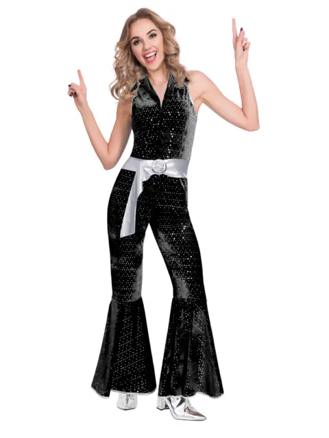 Adult 60s 70s 80s Fancy Dress Jumpsuit Costume Retro Disco Hen Night Black