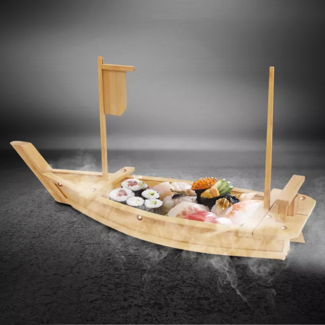 Wooden Bamboo Sushi Boat Serving Tray Seafood Holder Cuisine Display Plate