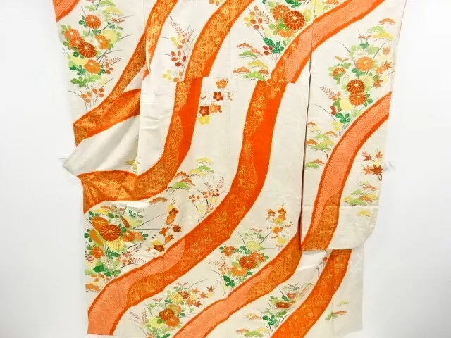 11368# Japanese Kimono / Antique Furisode / Shibori / Embroidery / Kiku & Flower