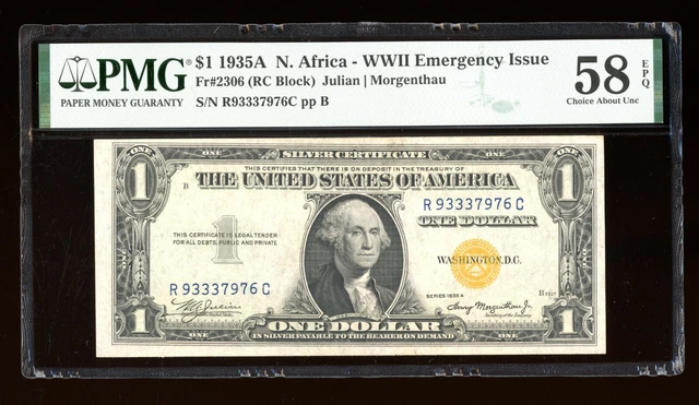 DBR 1935-A $1 North Africa Silver Fr. 2306 RC Block PMG 58 EPQ Serial R93337976C