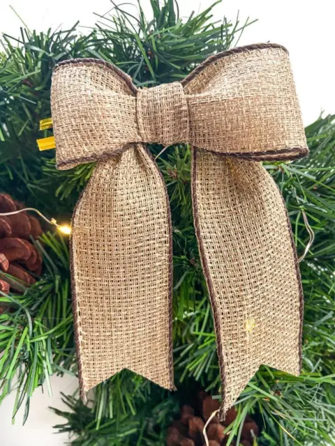 New 2 Christmas Bows Pre Tied Hessian Ribbon Wire Edge Tree Gift Wrapping 'Jute'