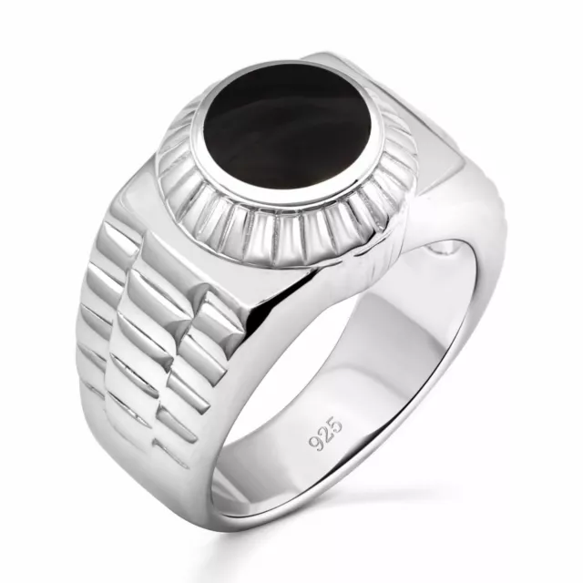 Chevalière Pierre Onyx Noir Rond 925er Argent Sterling Rhodié Femmes Hommes