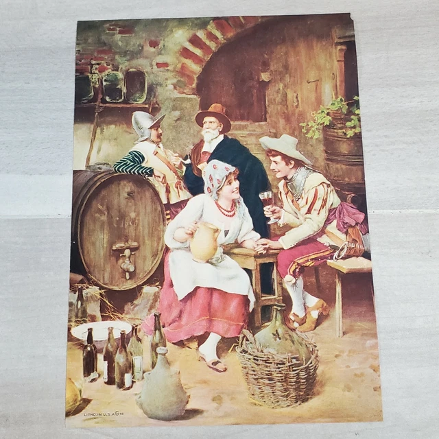 Vintage Litho Lithograph USA Drinking Tavern Wine Keg Barrel Frameable Art