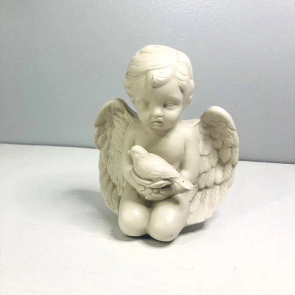 Vintage UnGlazed Ceramic Porcelain Cherub Holding Dove Bird Figurine Garden Deco