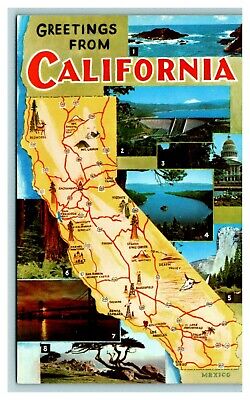 Vintage Chrome Postcard California CA Greetings State Map Multi Scenic Views