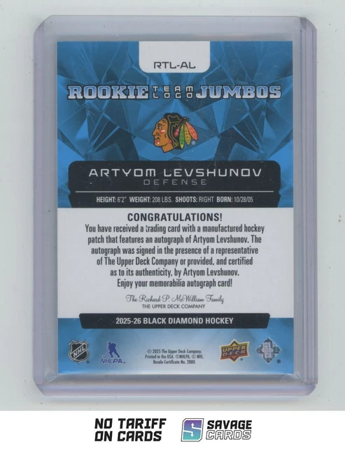 2025-26 UD BLACK Diamond Rookie Team Logo Jumbos Artyom Levshunov /49 # ...