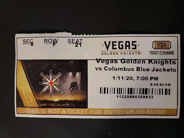 GOLDEN KNIGHTS GAME Ticket Stub 1/11/20 Columbus Blue Jackets