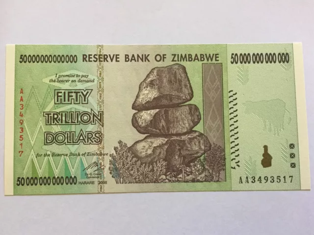 Zimbabwe 50 Trillion Dollars Banknote 2008 Unc Aa+ P-90 Authentic Sold Over 30