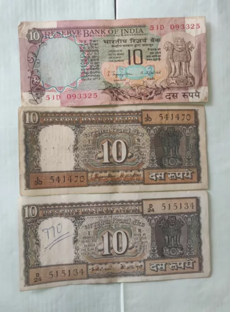 Old Indian 10 Rupee 3 Note Black Boat And Peacock Variety 2 Different Governor.