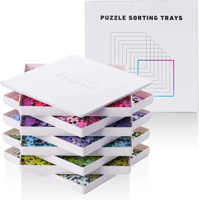 Puzzle Sorting Trays Stackable Jigsaw Sorters with Lid White 8”x8” Tidy Boss