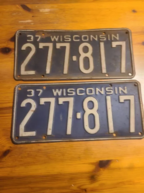 Original Pair Of  1937 Wisconsin  license plates. Matching Set