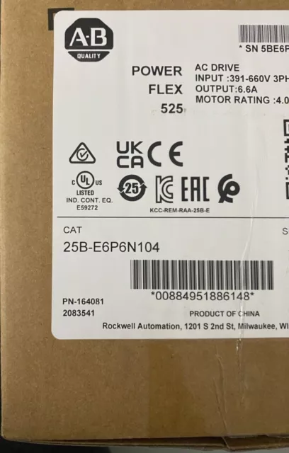 New IN BOX Allen Bradley 25B-E6P6N104 Ser A PowerFlex 525 AC Drive 4kW 5Hp