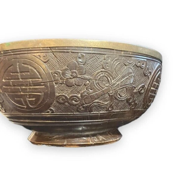 Antiguo Tazón Chino Plato Asiático Peltre Cincelado Finamente Arte del Coco Raro Antiguo 19