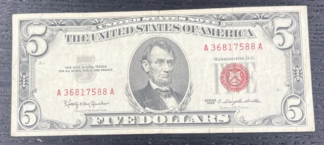 1963 SERIES $5 RED SEAL CIRCULATED CRISP NOTE FIVE DOLLAR Currency United States