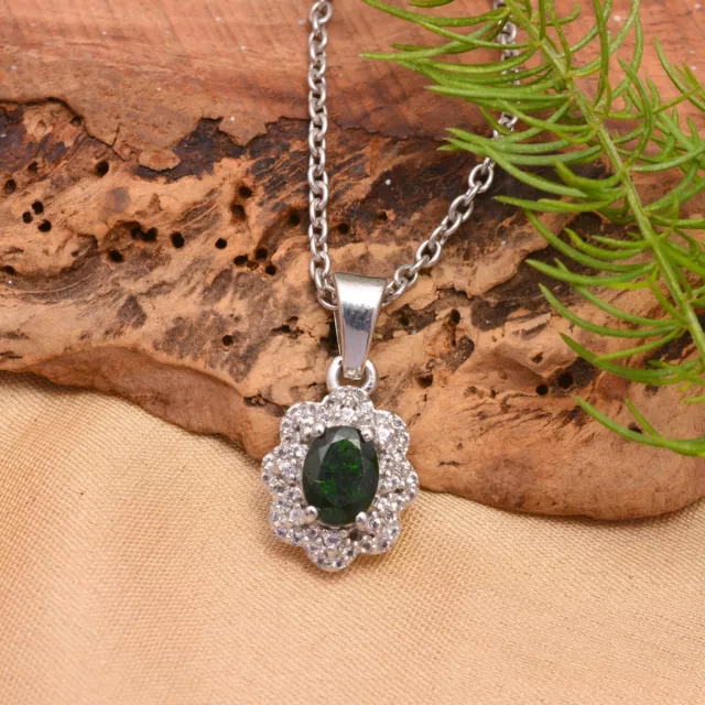 Natural Chrome Diopside 925 Sterling Silver Flower Pendant Fine Necklace Jewelry