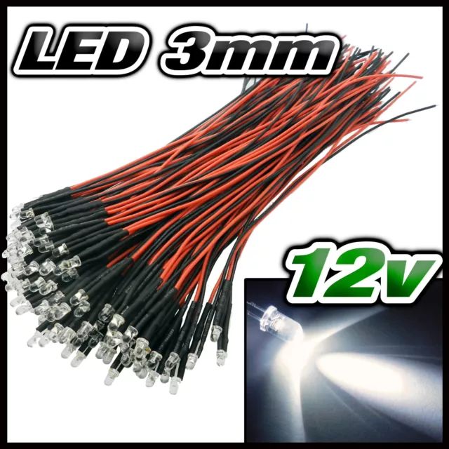 256# LED 3mm 12v pré-câblé blanche de 5 à 100pcs - pre wired LED white 3 mm