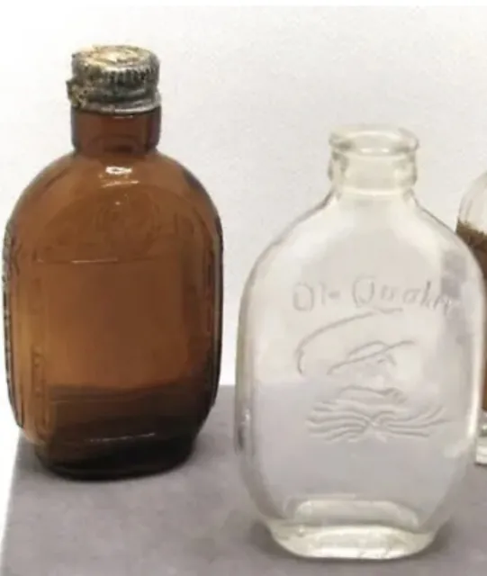 Lot of 2 Small Vintage/Antique Whiskey OR Medicine Bottles OLD QUAKER, And 1 UNK