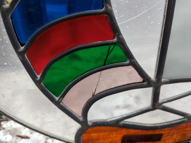 Stained glass window vintage round sail Boat Blue Green Red Hanging 15" 1986 7