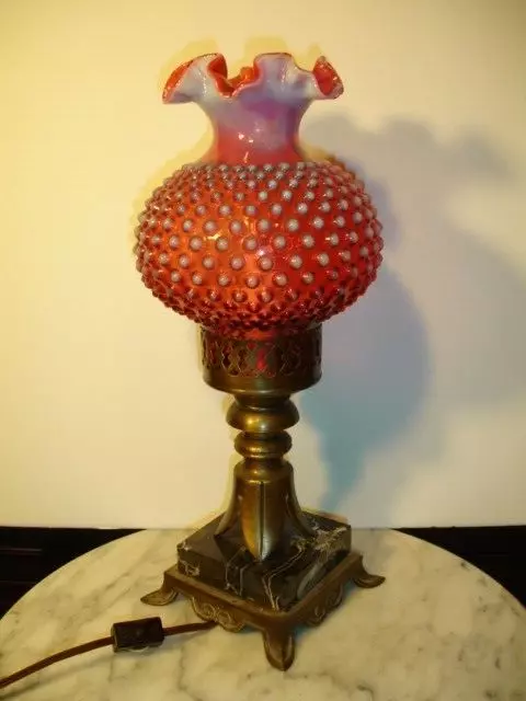Fenton Cranberry Hobnail Opalescent Black Marble Lamp