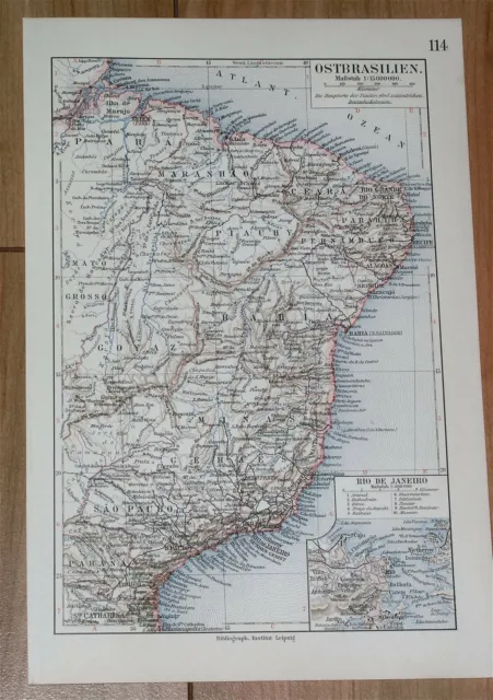 1912 Antique Map Of Eastern Brazil Rio De Janeiro South America
