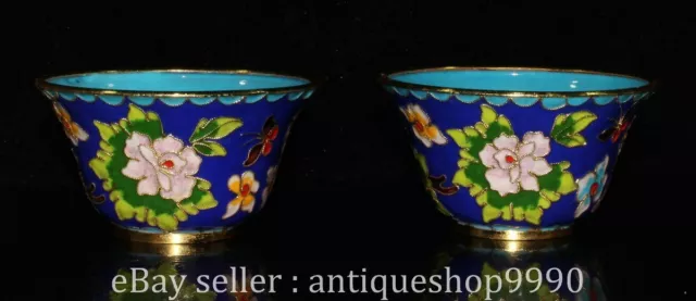 4" Marked Chinese Purple Bronze Cloisonne Blue Peony Flower Bowl Bowls Pair