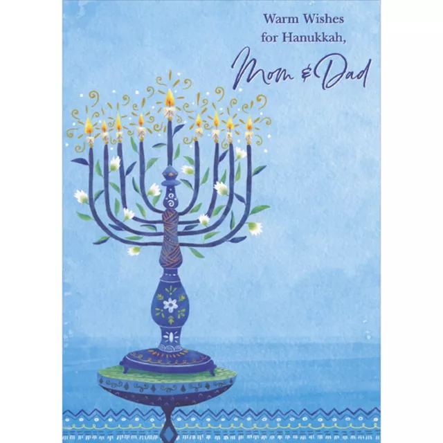 Blue Menorah with Floral Artwork on Branches Hanukkah Card for Mom and Dad