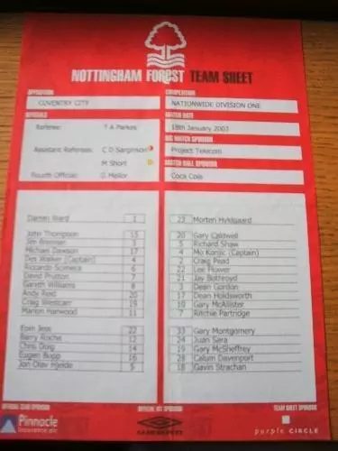 18/01/2003 Colour Teamsheet: Nottingham Forest v Covent