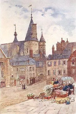 NIÈVRE: The Hôtel-de-Ville. Nevers. Flower stall; antique print 1907