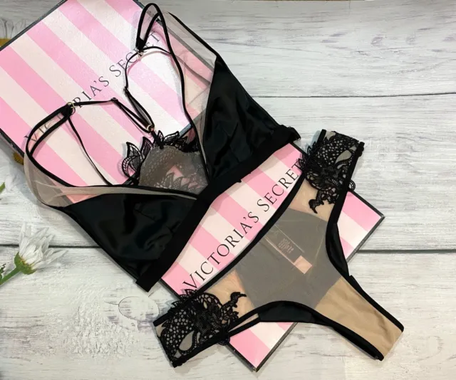 Victoria's Secret Luxe Lingerie Banded Strappy Demi Bra 2Pc Set Black